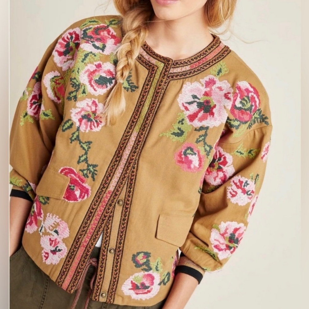 Anthropologie Floral Embroidered Jacket - Tan and Pink